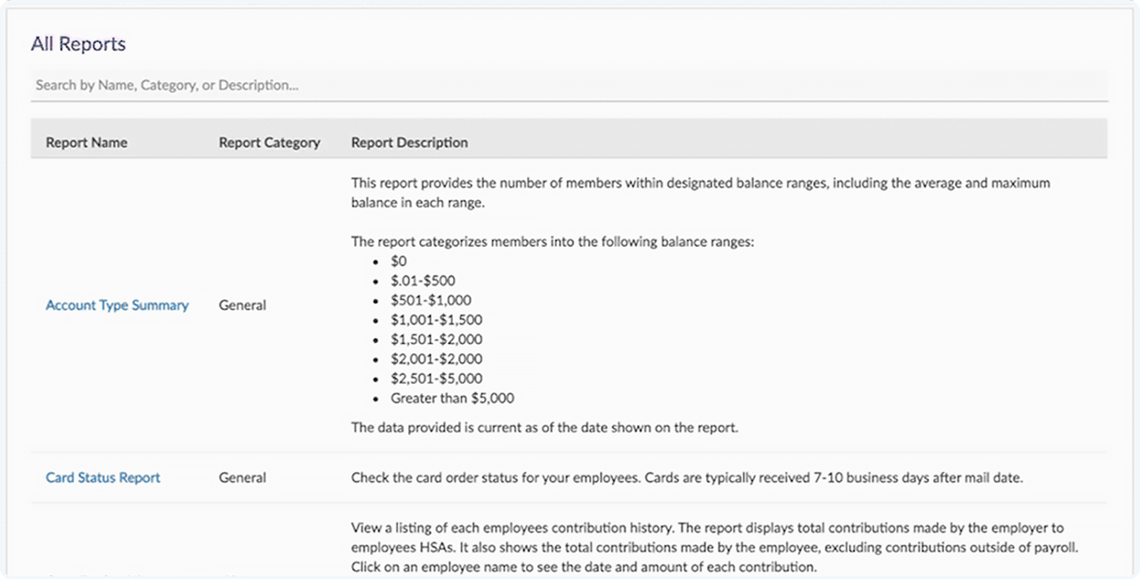 Benefits manager dashboard: reports screen