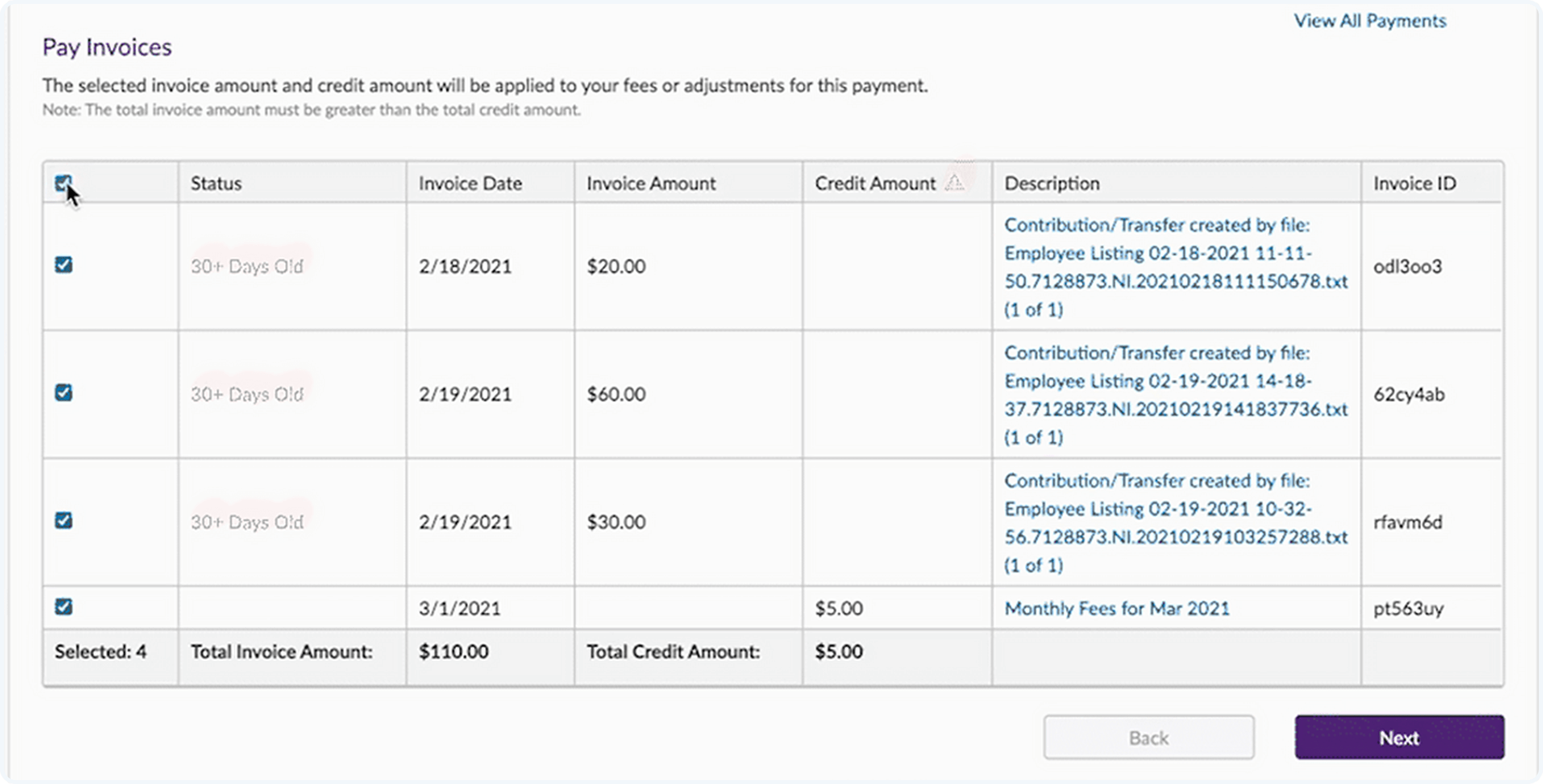 Benefits manager dashboard: view and pay invoices screen
