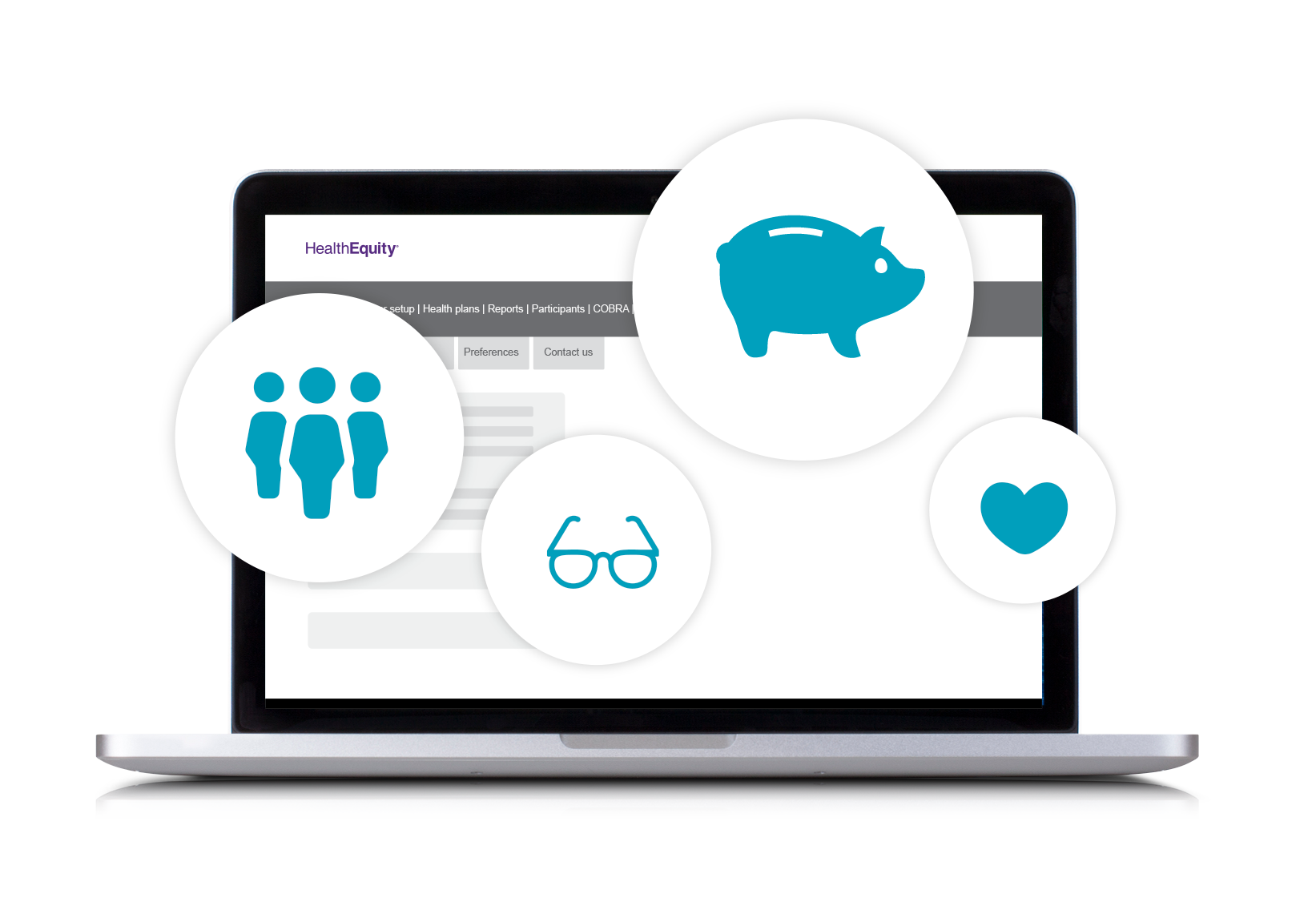 Laptop with icons demonstrating the benefits of HealthEquity's Premium Only Plan (POP)